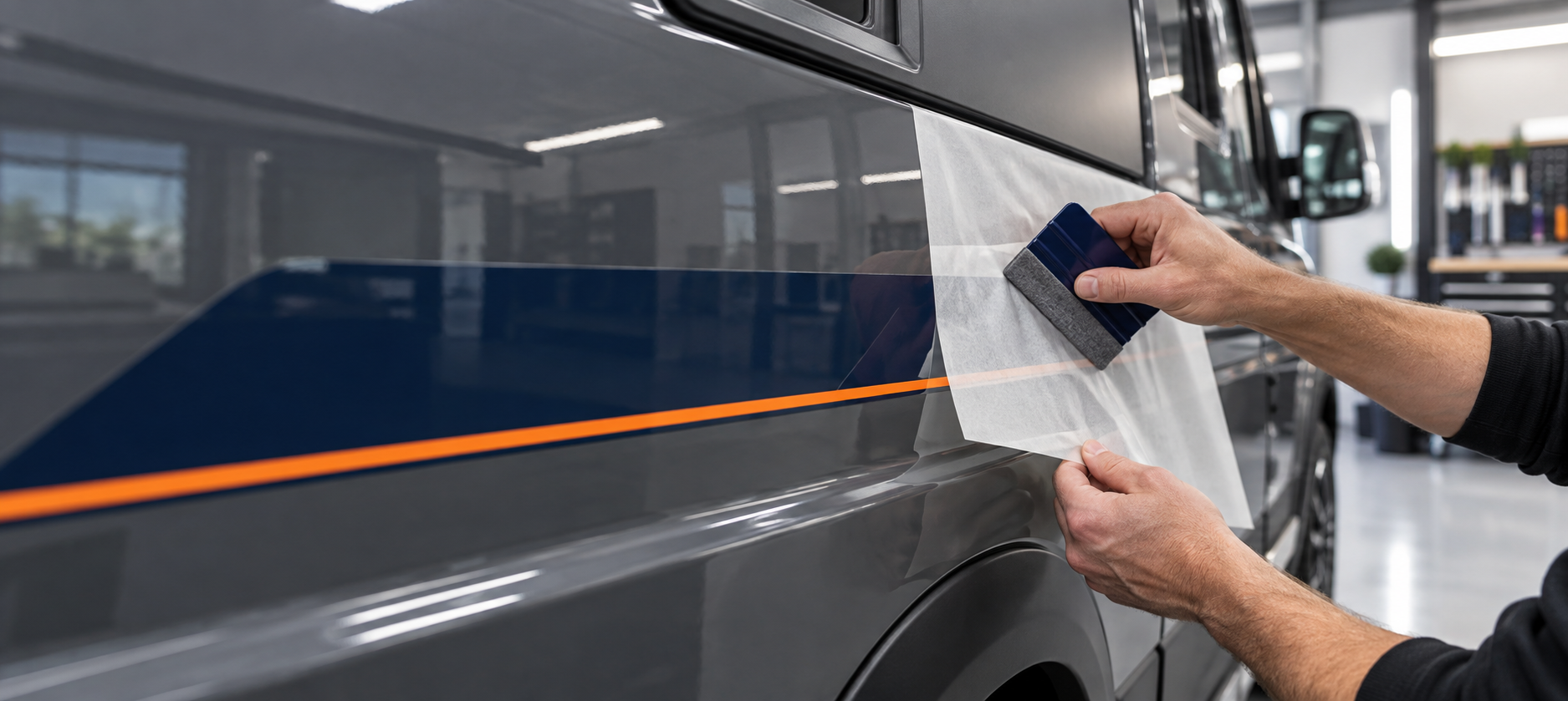 Easy-apply vinyl being fitted carefully to a campervan panel