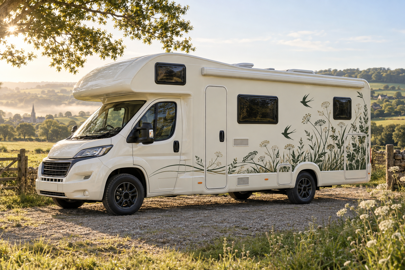 Hedgerow botanical vinyl graphic on a coachbuilt motorhome