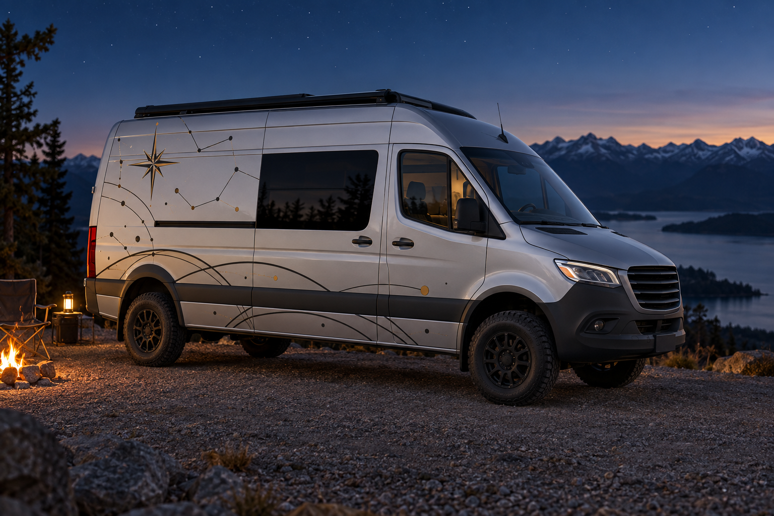 Northbound night-sky vinyl graphic on a silver high-roof campervan