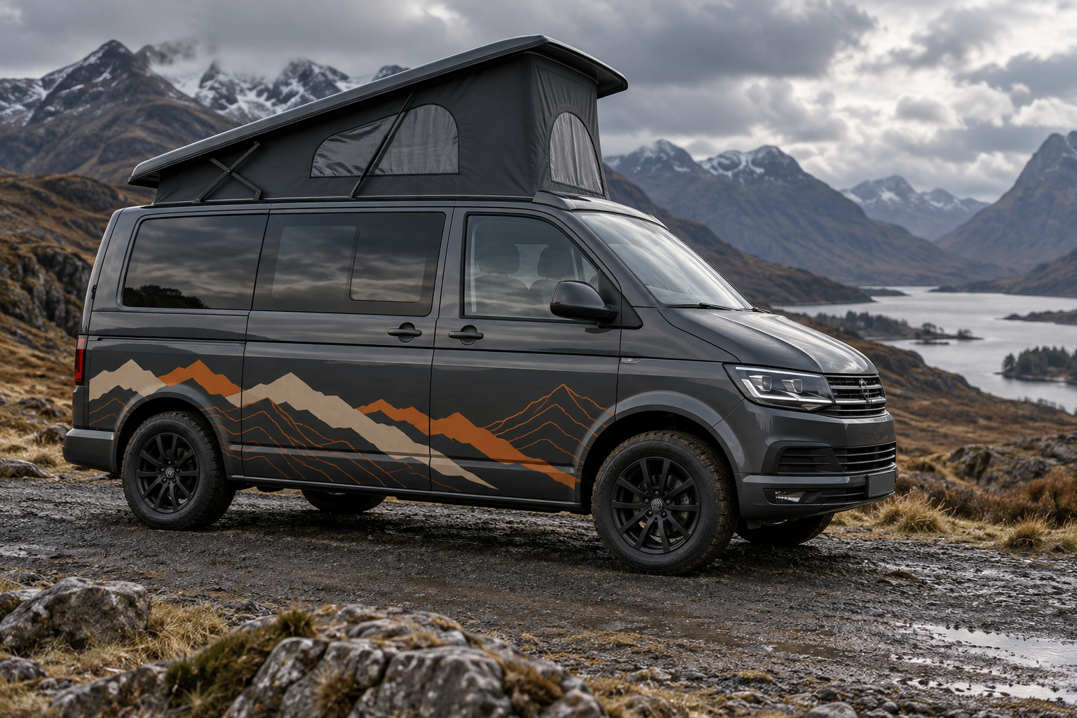 Ridgeline mountain vinyl graphic on a pop-top campervan