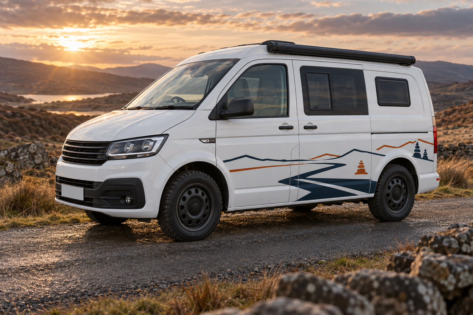 The Long Way road graphic on a compact campervan