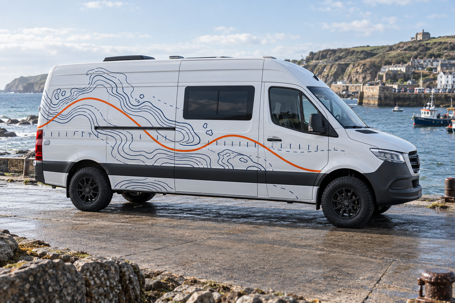 Tidal Map nautical vinyl graphic on a high-roof campervan