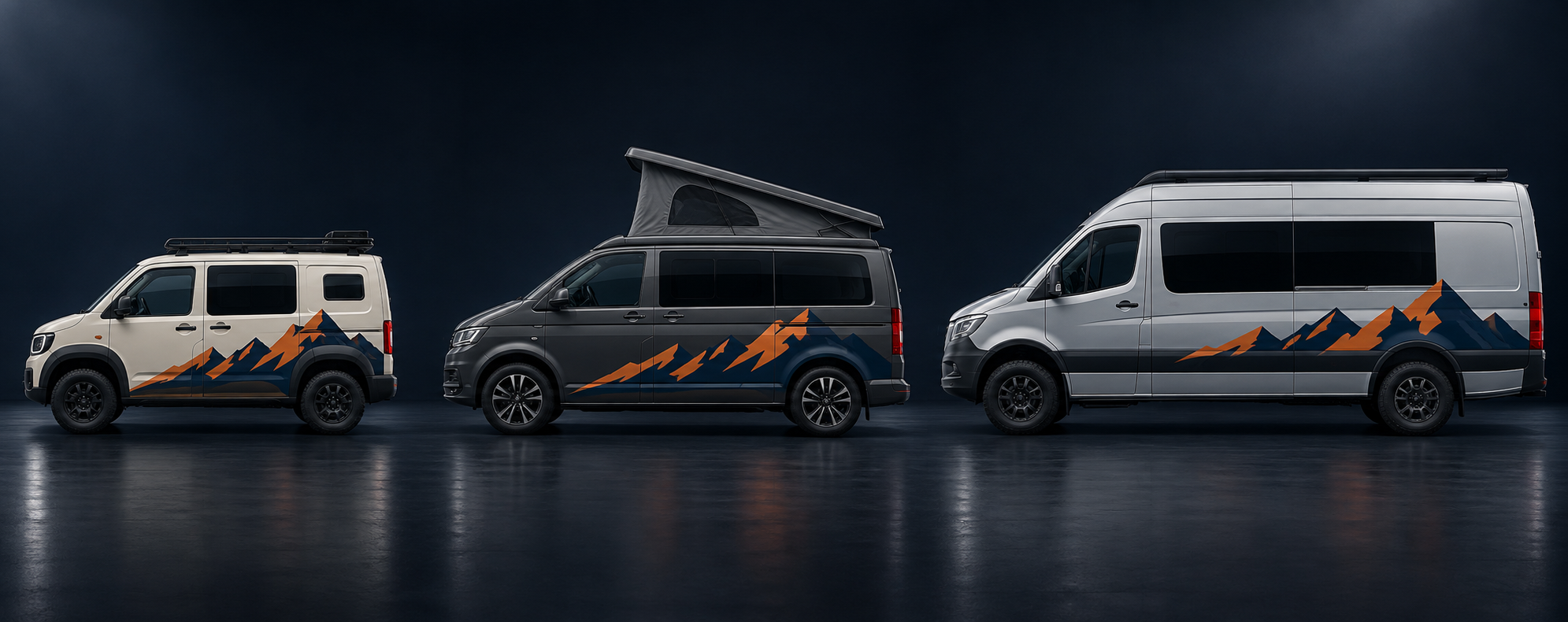 The same Ridgeline graphic adapted across compact, pop-top and high-roof campers