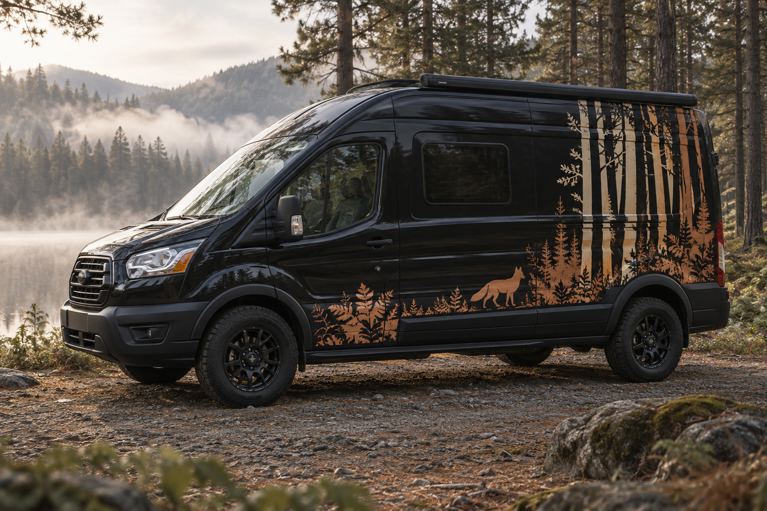 Wildwood forest vinyl graphic on a black campervan
